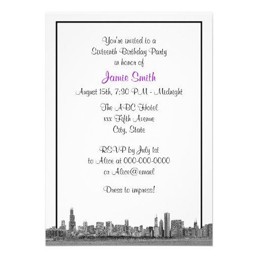 Chicago Skyline Etched BW Purple Sweet 16 Invite