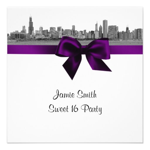 Chicago Skyline Etched BW Purple Sweet Sixteen SQ Personalized Invitation