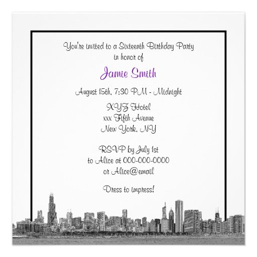 Chicago Skyline Etched BW Purple Sweet Sixteen SQ Personalized Invitation