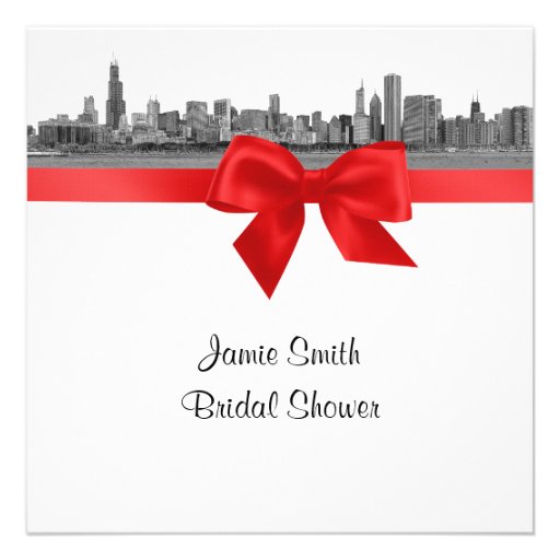 Chicago Skyline Etched BW Red SQ Bridal Shower Personalized Invites