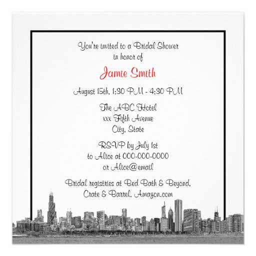 Chicago Skyline Etched BW Red SQ Bridal Shower Personalized Invites