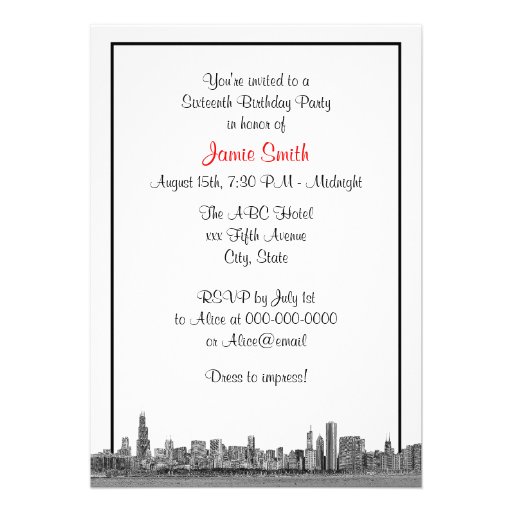 Chicago Skyline Etched BW Red Sweet Sixteen Invitations