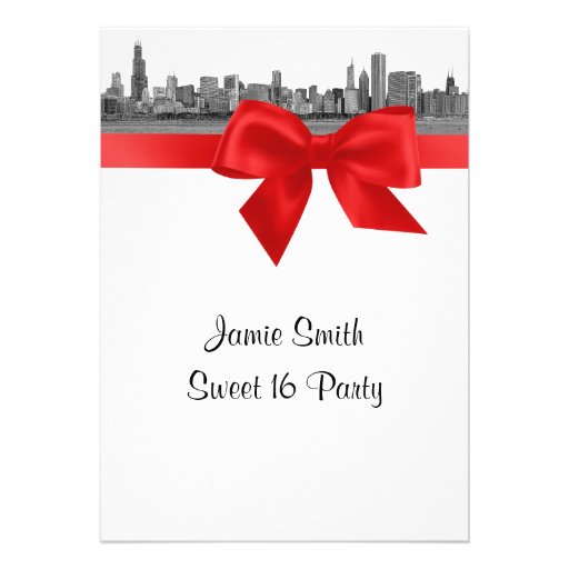 Chicago Skyline Etched BW Red Sweet Sixteen Invitations