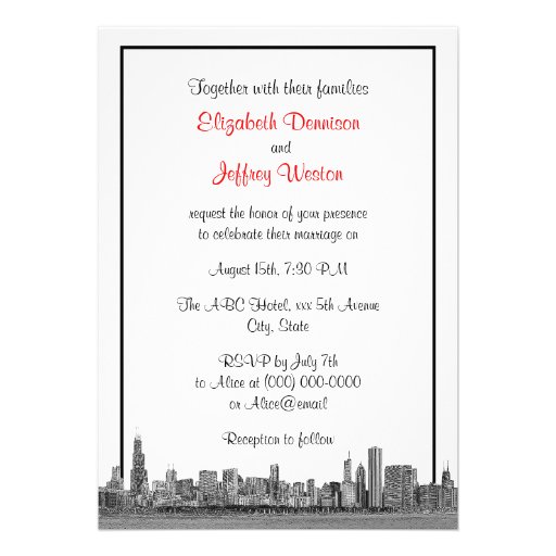 Chicago Skyline Etched BW Red Wedding Personalized Invites
