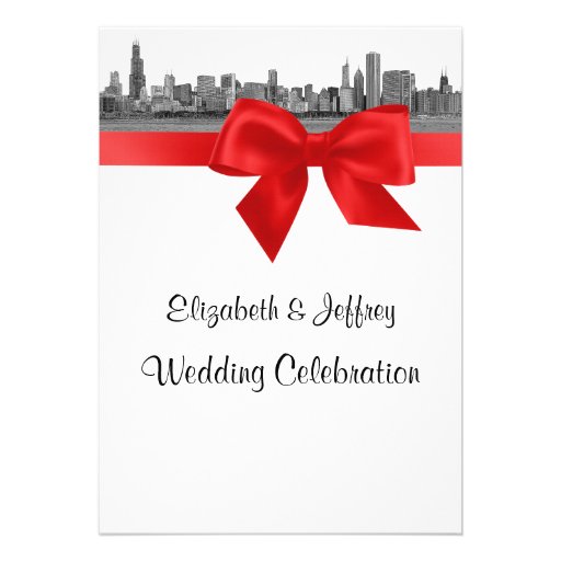 Chicago Skyline Etched BW Red Wedding Personalized Invites
