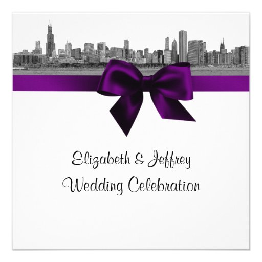 Chicago Skyline Etched BW SQ Purple Wedding Custom Invitation