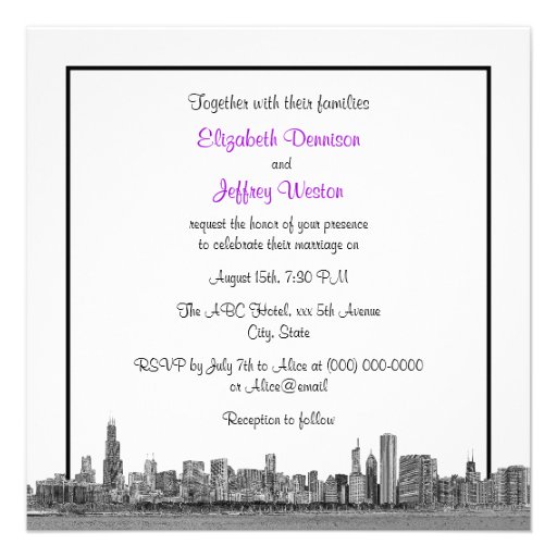 Chicago Skyline Etched BW SQ Purple Wedding Custom Invitation