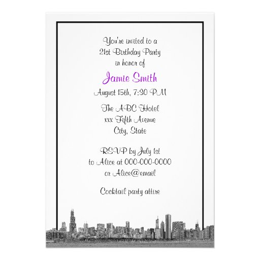 Chicago Skyline Etched BW Violet Birthday Party Card