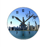 Chicago Skyline Photo Across from Lake Michigan Round Wall Clocks