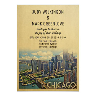 Chicago Cityscape Signature White Wedding Invitations In Black Retro Wedding Invitation Chicago