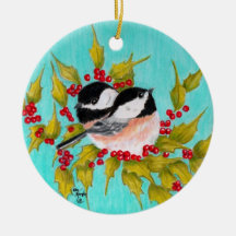 Chickadee and Holly Christmas Ornaments