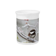 Chickadee and Red Berries in Winter Beverage Pitcher
