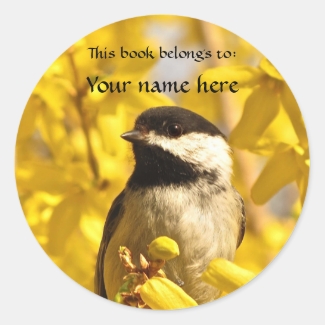 Chickadee Bird in Flowers Bookplate Sticker