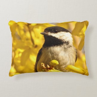 Chickadee Bird in Yellow Flowers Accent Pillow