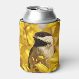 Chickadee Bird in Yellow Flowers Can Cooler