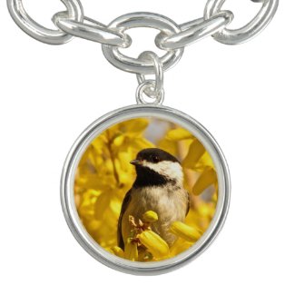 Chickadee Bird in Yellow Flowers Charm Bracelet