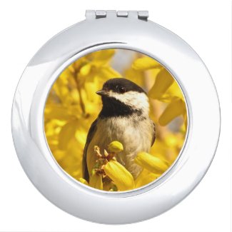 Chickadee Bird in Yellow Flowers Compact Mirror