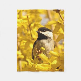 Chickadee Bird in Yellow Flowers Fleece Blanket