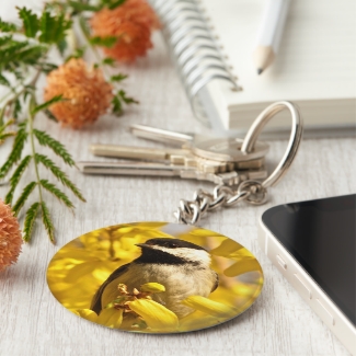 Chickadee Bird in Yellow Flowers Keychain