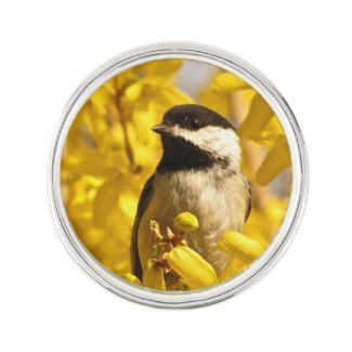 Chickadee Bird in Yellow Flowers Lapel Pin