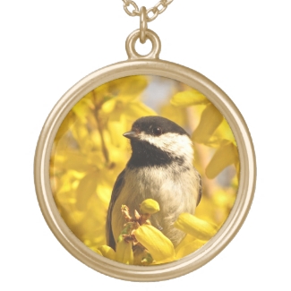 Chickadee Bird in Yellow Flowers Necklace