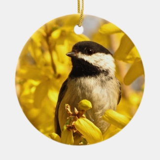 Chickadee Bird in Yellow Flowers Ornament