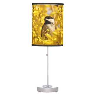 Chickadee Bird in Yellow Forsythia Flower Lamp