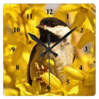 Chickadee Bird in Yellow Forsythia Flowers Clock