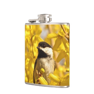 Chickadee Bird in Yellow Forsythia Flowers Flask
