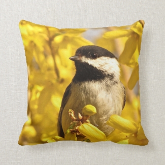 Chickadee Bird in Yellow Forsythia Flowers Pillow