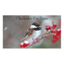 Chickadee in Falling Snow with Red Berries Business Cards