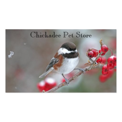 Chickadee in Falling Snow with Red Berries Business Cards (front side)