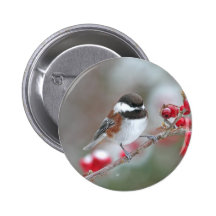 Chickadee in Falling Snow with Red Berries Pinback Button