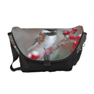 Chickadee in Falling Snow with Red Berries Commuter Bag