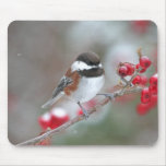 Chickadee in Falling Snow with Red Berries Mousepad