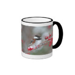 Chickadee in Falling Snow with Red Berries Mugs