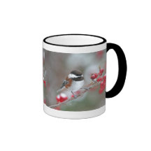 Chickadee in Falling Snow with Red Berries Mugs