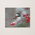 Chickadee in Falling Snow with Red Berries Jigsaw Puzzles