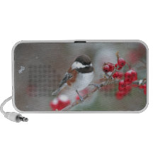 Chickadee in Falling Snow with Red Berries Notebook Speaker