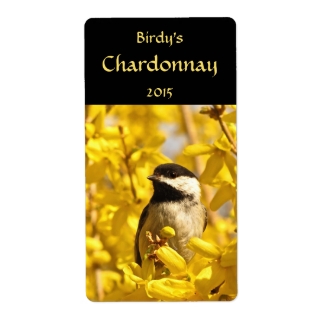 Chickadee in Forsythia Flowers Wine Labels
