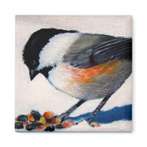 CHICKADEE IN SNOW OIL PASTEL magnets by joyart CHICKADEE IN SNOW OIL PASTEL magnets