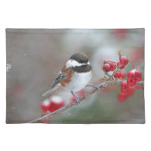 Chickadee with Falling Snow and Red Berries Place Mat