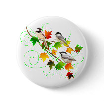 Chickadees in Fall Leaves Pinback Button