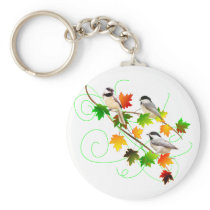 Chickadees in Fall Leaves Key Chains