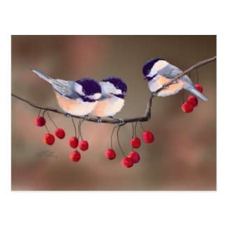 CHICKADEES & RED BERRIES by SHARON SHARPE Postcard