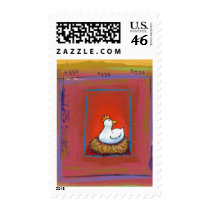 Chicken art hen laying eggs fun colorful painting postage stamp