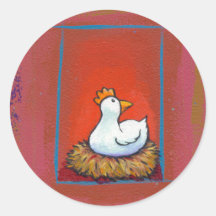 Chicken art hen laying eggs fun colorful painting round sticker
