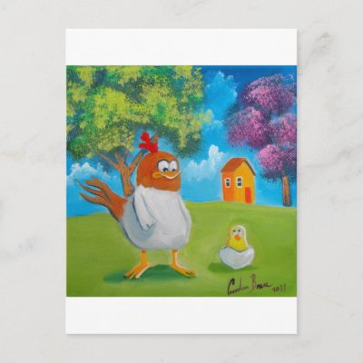 Chicken hen cute folk art illustration postcard