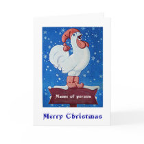 Chicken in red hat singing in Christmas snow card
