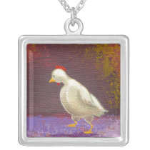 Chicken walking thinking fun unique colorful art necklaces